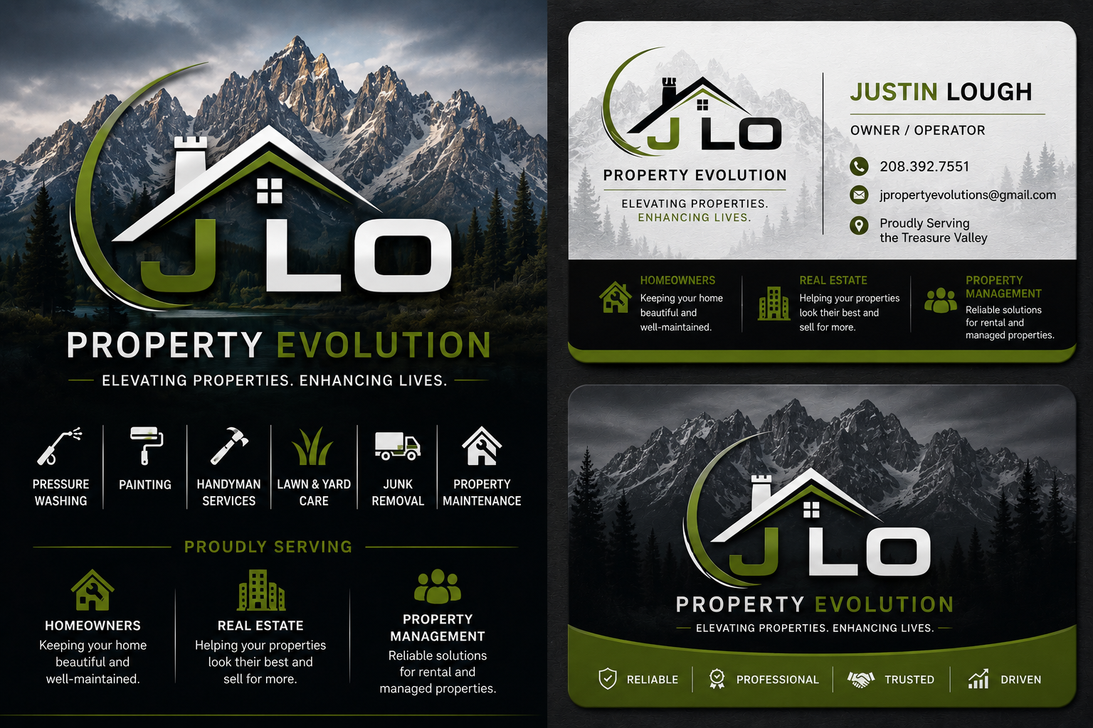 J LO Property Evolution branding with Idaho Sawtooth Mountains